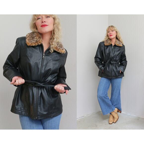 1990's Vintage Jacqueline Ferrar Black Cheetah Leather Jacket Women's MD LG Y2K - Picture 1 of 10